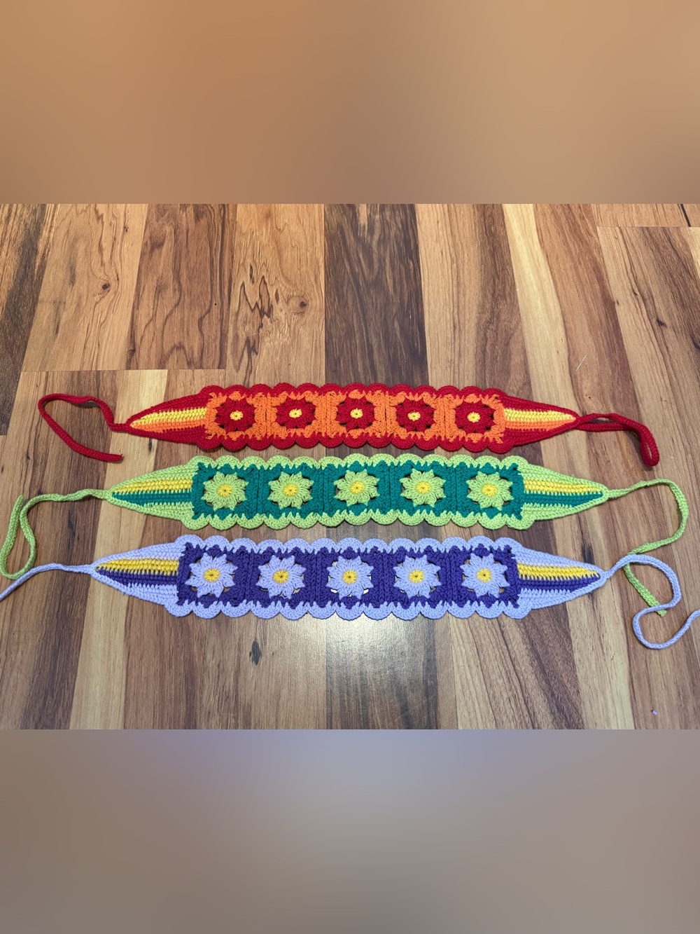 Handmade Crochet Flower Headbands - Red, Green, Purple